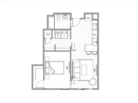 floor plan of a small apartment with furniture and white background at Lotus Gallacher luxury apartments for rent in Salt Lake City, UT